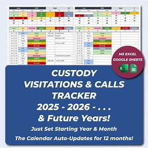Coparenting Calendar & Custody Schedule Tracker | Parenting Time Log Activity Planner | Monthly Custody Template for Excel Google Sheets - Etsy