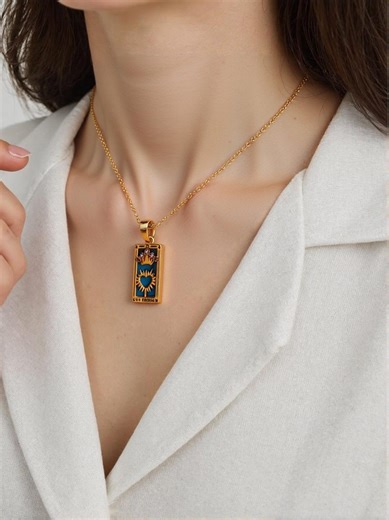 Sacred Heart Tarot Pendant Necklace 40 5cm, Gold Rectangular Charm, Vintage Mystic Jewelry - Etsy