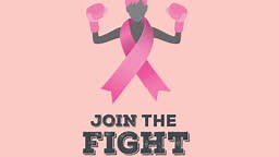 Animation of pink ribbon logo and breast cancer text appearing on...