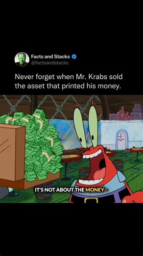 Facts and Stacks on Instagram: "This scene is funny, but it’s also one of the cleanest money lessons ever put on TV. To Mr. Krabs, the suitcase of cash looks like a win. But he really sold the asset that printed his money every day… The brand, the system, the income. That’s the difference between lump-sum cash and cash-flowing assets. One feels big in the moment. The other keeps paying you. It’s the same mistake people make when they cash out something that works and don’t replace the income beh