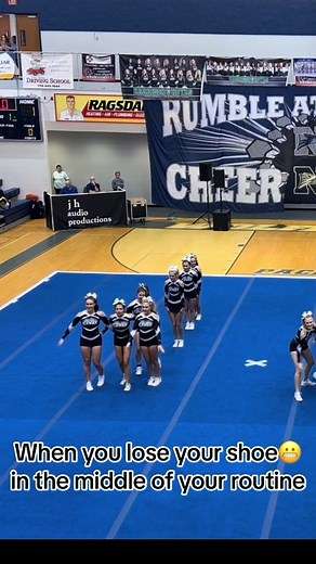 When you lose your shoe in the middle of a cheer routine 😬 ….but dont let it stop you 💪🏼 #cheer #ghsa #highschoolcheer #shoeless #fyp #stunt