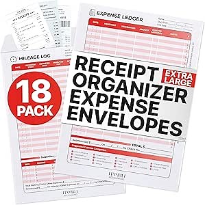 Extra Large Receipt Envelope & Receipts Organizer (Pack of 18) - Efficiently Manage Business Expenses & Log Mileage Trips - 8.5” x 11.0” Inches, Red Color- Business Ledger for Small Business