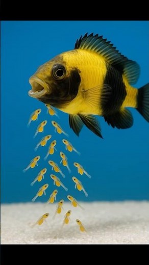Yellow black cichlid fish giving birth