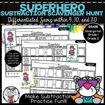 Superhero Subtraction Scavenger Hunt | Differentiated Sums within 5, 10, and 20
