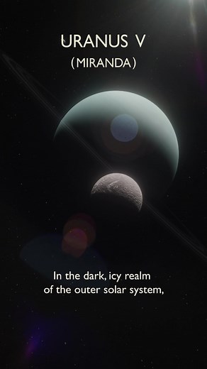 A visit to Verona Rupes, the tallest cliffs in the solar system. Uranus' small moon, Miranda, has a fascinating surface of jagged and twisted terrain. Much of its surface (including these cliffs) is most likely composed of water ice, frozen hard as stone. The average temperature on the surface is -187 C. With no atmosphere to create any sense of distance through mists and clouds, the cliffs must be a surreal sight to behold. Given Miranda's close proximity to its giant host, Uranus would appear 