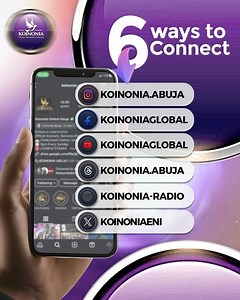 6 WAYS TO CONNECT TO KOINONIA SERVICE! Dearly Beloved, Join us tonight for a time of prayer, worship, and the Word of God with God’s servant, Apostle Joshua Selman. For those unavoidably absent, we have ensured you can still partake in tonight’s service from wherever you are. Here are 6 (SIX) ways to connect with us live: - Facebook: Koinonia Global - Instagram: @koinoniaglobal @koinonia.abuja @koinoniazaria - Online Radio: Mixlr.com/koinonia-radio - YouTube: Koinonia Global - X: Koinoniaeni - T