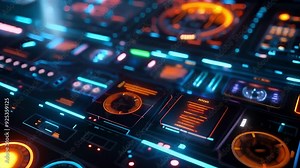 a futuristic interface with glowing lights and controls, consisting of various buttons, dials and screens