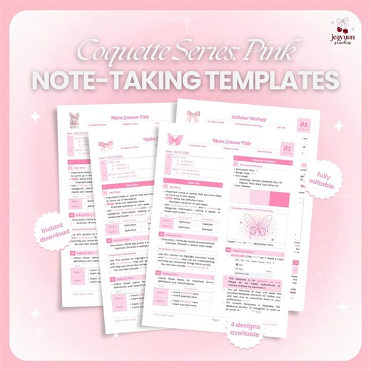Coquette Pink Note-taking Templates (google Docs) | Editable Study Notes & Reviewer for Students, School, University - Etsy