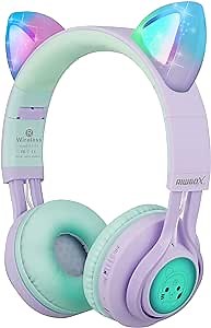 Riwbox Kids Wireless Headphones, CT-7S Cat Ear Bluetooth, 85dB Volume Limiting, LED Light Up Over Ear with Microphone for Laptop/PC/TV (Purple&Green)