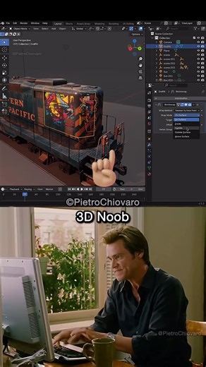 Pietro Chiovaro on Instagram: "🚨Read 👇 Still covering your train in graffiti by slapping a plane on it, subdividing it a million times, and praying the Shrinkwrap Modifier makes it look right? Let’s be real — flooding geometry with subdivisions and hoping it bends the way you want isn’t “artistic control”, it’s chaos. You spend hours trying to make the paint follow the train’s curves, while someone else nails a clean, realistic tag in ten minutes. And you’re left thinking, “Wait, how’d they ma