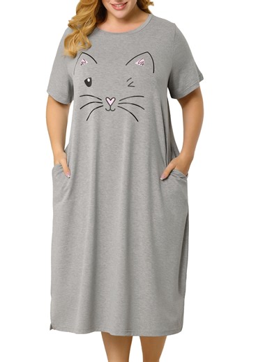 Unique Bargains Women's Plus Nightgown Short Sleeve Cat Print Nightshirt
