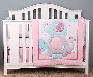 4 PCs Floral Elephant Nursery Crib Bedding Set Pink Elephant Baby Girl Bedding Set