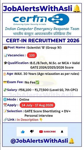 🚨CERT-In Scientist B Recruitment 2026 | 133 Posts | No Fee | Through GATE | Apply Online #EP377 #job