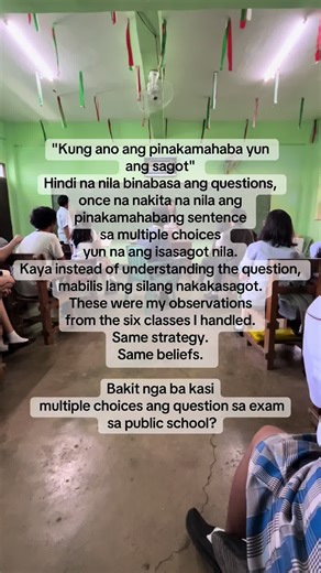 I both worked in both private and public schools so I know the various types of assessments the teachers give to the learners. When I worked in international and local private schools, these the type of questions: Identification, Enumeration, True or False, Create through illustration then explanation through essay. But when I transferred to public school, teachers are required to create 40-50 items multiple choices questions using the Blooms Taxonomy. We also review our students before the test