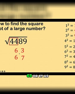 77K views · 639 reactions | Learn how to calculate the square root of 4,489 without a calculator! This video breaks down a simple technique using perfect squares. Perfect for math students and anyone who loves a good mental challenge. #MathTricks #SquareRoot #NoCalculator #MathSkills #Education | Math Avenue : Learn Math By Examples | Facebook