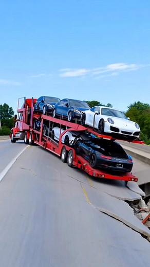 17K views · 254 reactions | A car carrier got trapped on a collapsing bridge — the structure gave way beneath it. Within seconds, the entire truck plunged down, dragging its cargo of vehicles with it. Metal screeched, concrete crumbled, and stunned onlookers watched it all vanish into the wreckage #crash #ai #news #wow #fail #car #truck #oh #no #sos #bridge #earthquake #shock | The.worldai | Facebook
