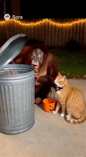 Orangutan & Cat Find a Skeleton Hand in the Trash 🦴 Halloween CCTV Prank #halloween2025 #funnycats