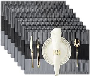 Dark Gray Placemats Set of 8-Durable PVC Vinyl Woven Washable Place Mats for Dining Table Heat Resistant Non-Slip Indoor/Outdoor Table Mats 12 x 17 inch
