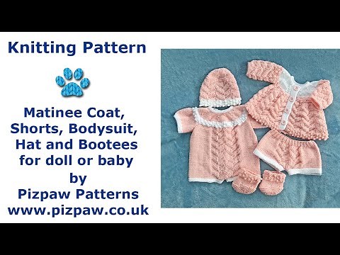 Baby Dolls Clothes Knitting Pattern Matinee Coat, Shorts, Bodysuit, Bootees and Hat. Easy to knit.