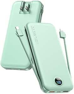 Portable Power Bank, 12000mAh 22.5W Phone Charger with Built-in Cables and Wall Plug, USB C Fast Charging Battery Bank with Smart LED Display, External Battery Pack for iPhone, iPad, Samsung etc Green