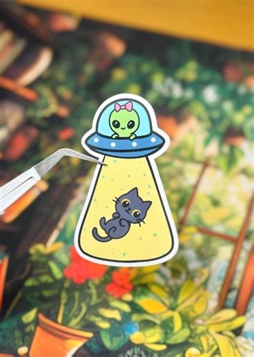 Alien Abducting Cat UFO Sticker, Kawaii Artwork, Cat Lover Junk Journal Decals - Etsy