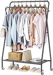 Double Rod Clothes Garment Rack, Portable Clothing Racks for Hanging Clothes with Wheels, Rolling Clothes Rack, Easy Assembly for Bedroom, Entryway, Laundry, Commercial (Metal)