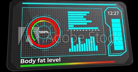 hologrambased fitness monitor displaying body composition details clearly, augmented reality health dashboard presenting body fat percentage alongside bmi guidance and professional planning tools