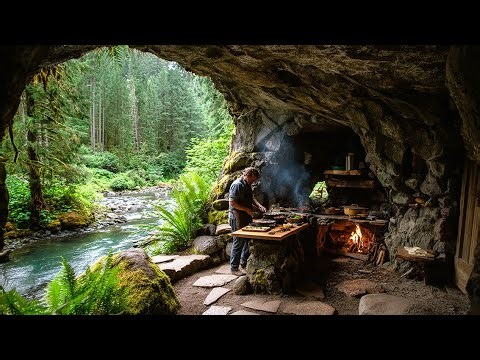 How I Built a Cozy Survival Cave Bushcraft Cliff Shelter with Water Wheel, Fishing and Cooking