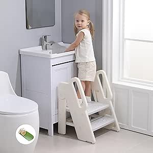 Foldable Step Stool for Kids Adjustable 3 to 2 Stool for Bathroom Sink Toddler Toilet Potty Training Stool Baby Kitchen Stool Children Step Ladder with Non-Slip Pads, Grey
