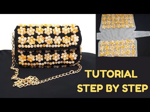 DIY Black & Gold Beaded Handbag | Plastic Canvas Bag with Pearl Flowers (Black, Gold & White)
