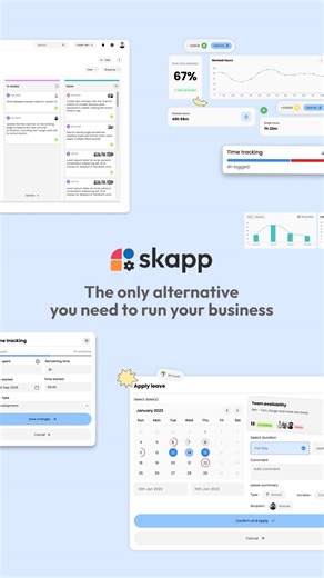 You don’t need so many different tools to run your business - Skapp has it all covered. Skapp is a unified business operations platform that helps you manage: ✅ Projects ✅ e-signatures ✅ Time off ✅ People data ✅ Time tracking ✅ Invoicing All from one platform built to simplify your everyday workflows! Try for free - https://tinyurl.com/mpbzszxn | Skapp