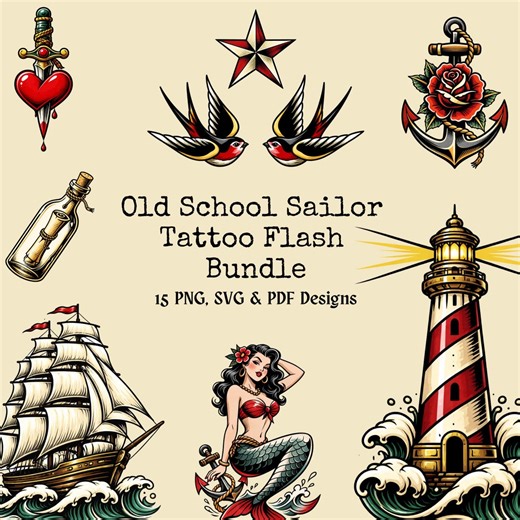 Old School Tattoo Flash Bundle | Vintage Sailor PNG | American Traditional Tattoo Art | Vintage Anchor Swallow Ship | Digital Download - Etsy