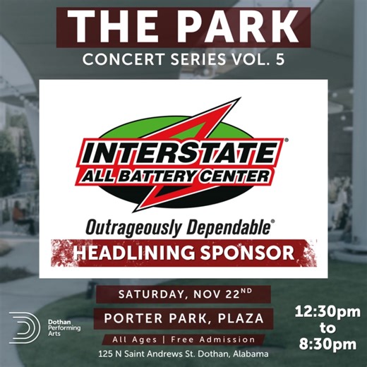 The Park Concert Series returns to The Park in beautiful downtown Dothan this Saturday! This family-friendly, free event runs from 12:30 PM to 8 PM — come for the start, come for the middle, come for the headliners, or stay for it all. The weather looks perfect, and with light college football this weekend, there’s no better place to be. Enjoy food trucks, retail vendors, and some of the best local and regional talent Alabama has to offer. A huge thank-you to our headlining sponsor, Interstate B