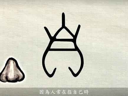 #漢字說故事之“自”字。《说文解字》自：鼻也。象鼻形。凡自之屬皆从自。（𥃭）古文自。