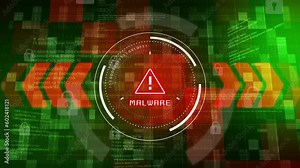 Red MALWARE warning with exclamation mark in circle with numbers. Green background with text code and lock symbols. Digital cyber security of computer software. Looped animation.