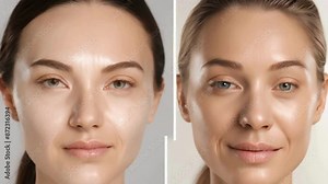 A split-screen showcasing the before and after results of a skincare routine