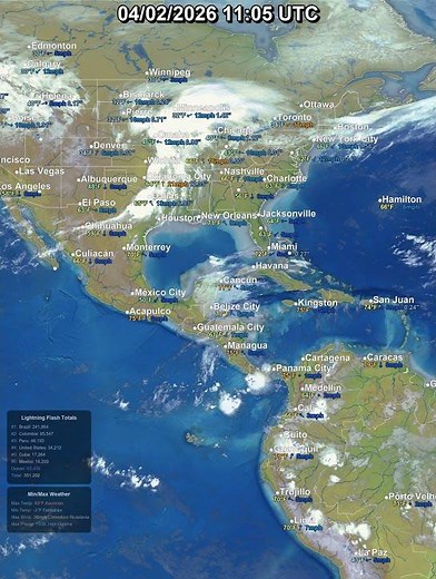 Americas East Coast 24 Hour Satellite & Lightning Weather | April 02, 2026