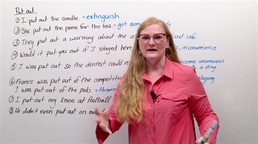 In Ronnie's new lesson, learn the many different meanings of the phrasal verb "PUT OUT"! "Put out" can mean to be broadcast, readied, eliminated, ejected, and more. After this video, you'll easily be able to use this expression yourself. | engVid