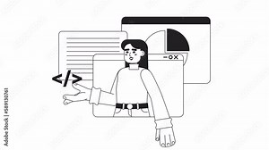 Animated mono web developer class. Programming software, tutorials. 2D black and white flat character 4K video footage with alpha channel transparency. Thin line art concept animation for web design