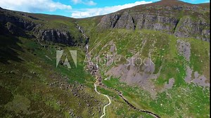 Ireland Mountains Trail To The Falls drone landscape of the tourist trail to the Mahon Falls in The Comeragh Mountains Waterford