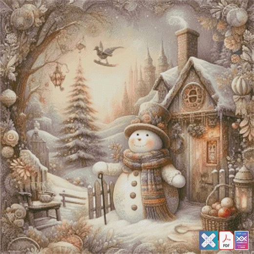 Victorian Snowman - Chart Counted Cross Stitch Pattern Needlework PDF