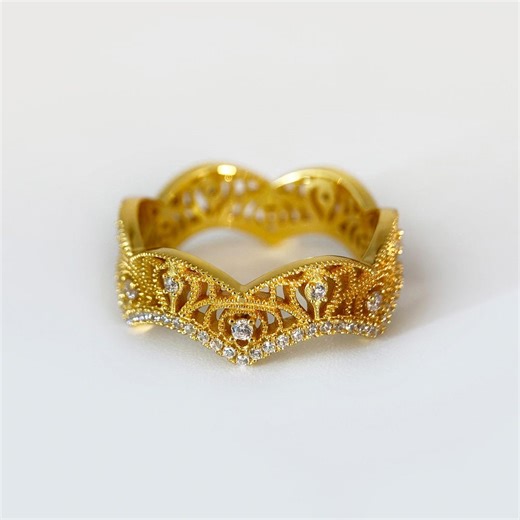Gold Crown Ring Tiara Eternity Band – 18K Gold Vermeil Over Sterling Silver, Lab Diamond Lace Stackable Ring, Princess Ring for Her - Etsy