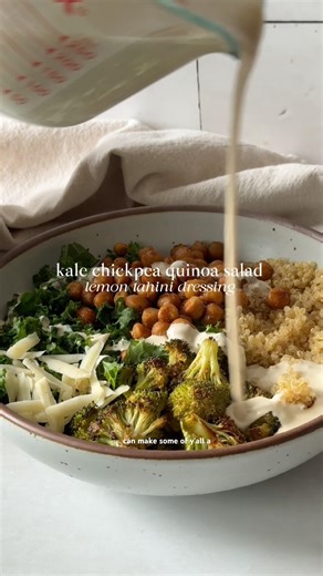 quinoa kale chickpea salad w roasted broccoli & lemon tahini dressing, gf 🤤 recipe below⬇️ #healthy