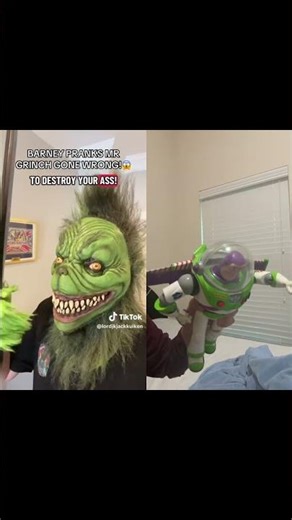 Buzz's reaction to Barney getting beat up by The Grinch after he accidentally prank him