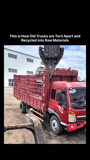 𝙒𝙊𝙍𝙇𝘿 𝙒𝙄𝘿𝙀 on Instagram: "The video depicts the process of dismantling an old red truck in a scrapyard for recycling purposes. An excavator equipped with a hydraulic shear attachment is used to methodically cut and separate the truck's cab and frame, preparing the metal components to be recycled into raw materials. Specific details on the upload date and engagement statistics (views, likes, comments) are not available from public sources, as this appears to be a repurposed clip commonly