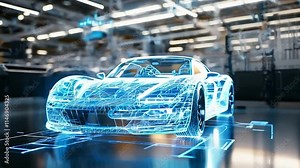 Futuristic concept car displayed in a cutting edge facility with intricate neon details highlighting advanced technology and design