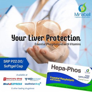 Give your liver the protection it needs with Hepa-Phos! Hepa-Phos is composed of Essential Phospholipids (EPLs) Vitamins. EPLs work by replacing & regenerating the phospholipids in our liver cell membranes which may have been damaged by various causes. Only P22.00/softgel capsule available at Mercury Drug, Mediscount Pharmacy, Med Express and Southstar Drug! | Mirabell Medical Corp.