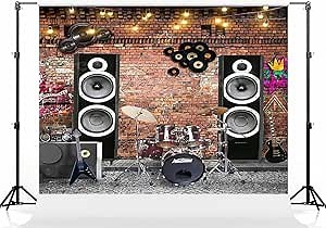 Kate 8×8ft Red Brick Wall Rock Drum Stage Photo Backdrop Guitar and Sound Bright Lights Interior Background for Party