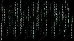 Binary code on a dark background. Abstract animated background from particles of a computer program. Hacker attacks and cyber security concept.