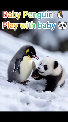 Cute Baby Penguin and Panda Playing Together in the Snow! 🐼🐧 #shorts